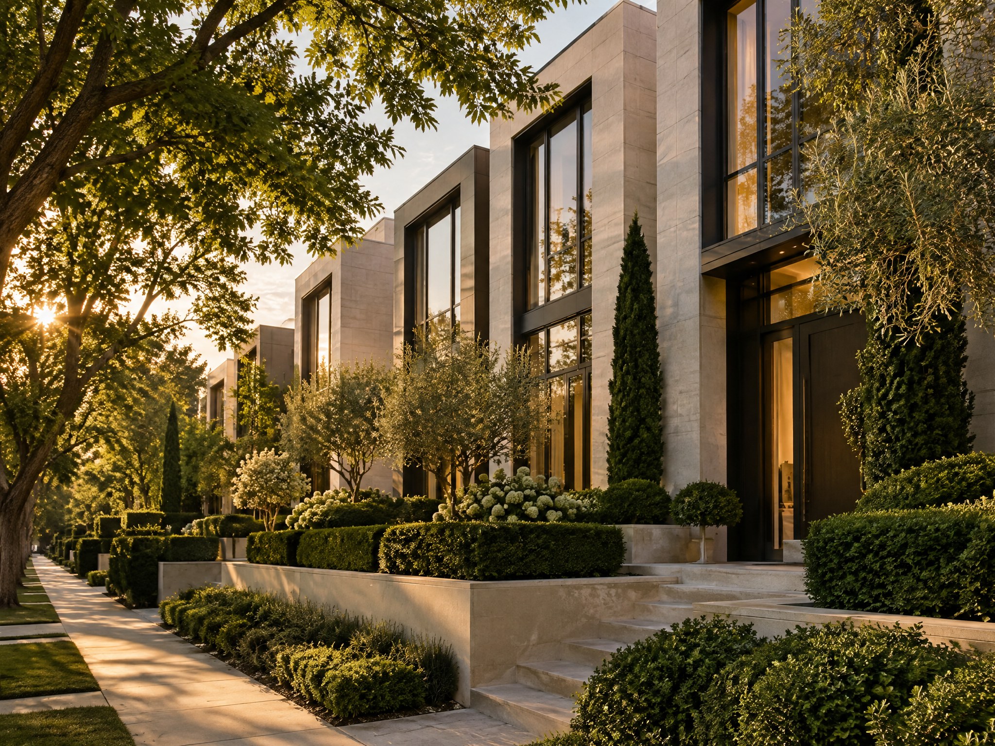 Newly completed upscale townhomes with limestone and glass facades and green landscaping
